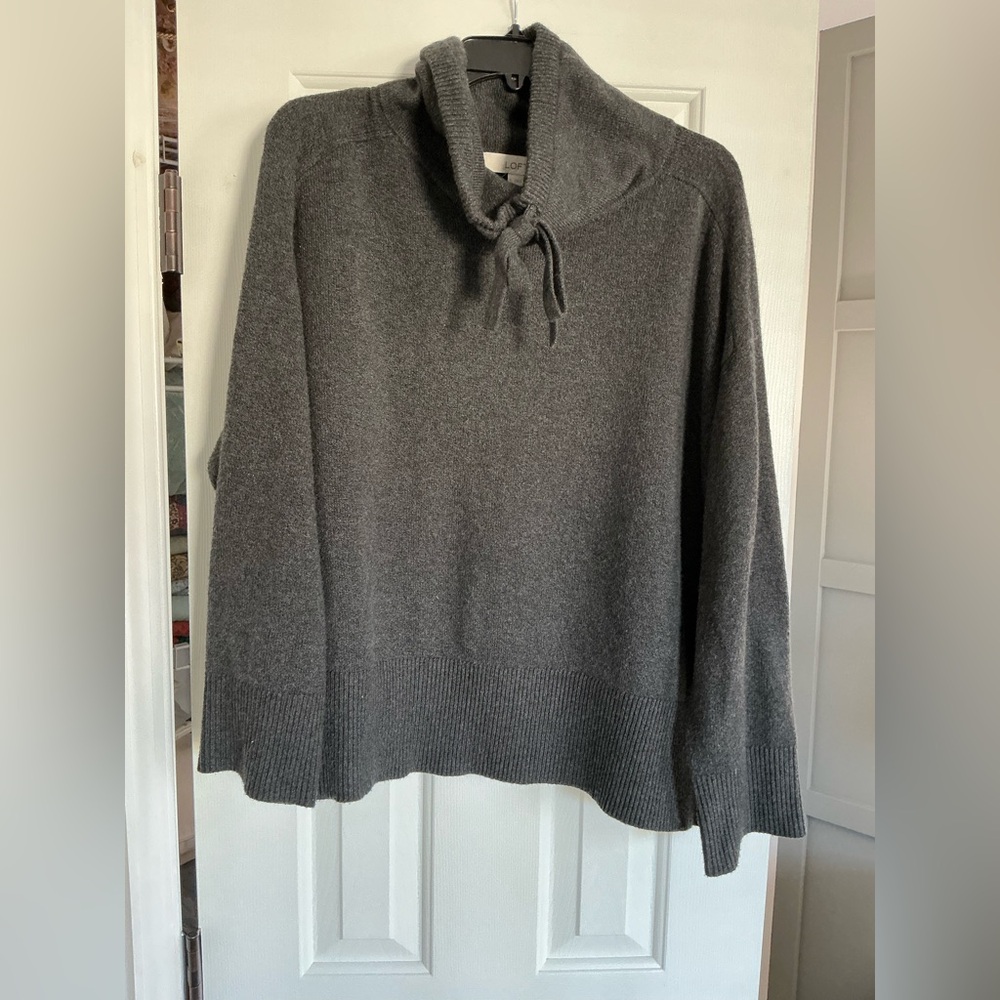 Loft Gray Drawstring Neck Poncho Sweater - Picture 2 of 6